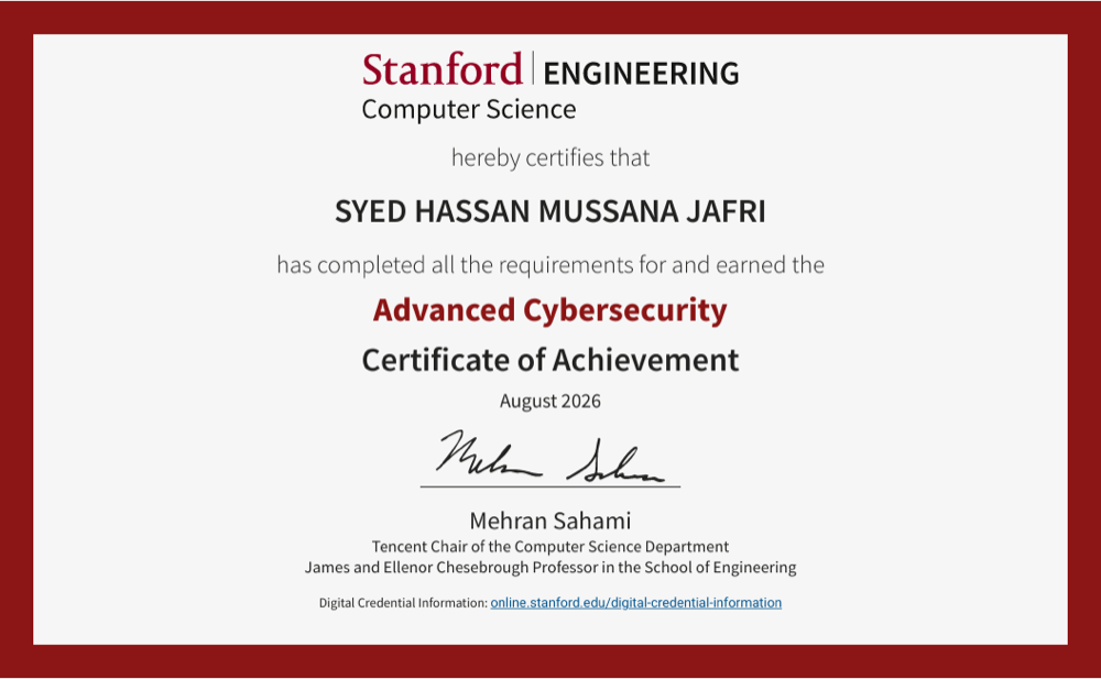 Stanford Engineering Advanced Cybersecurity Certificate of Achievement, August 2026, signed by Mehran Sahami